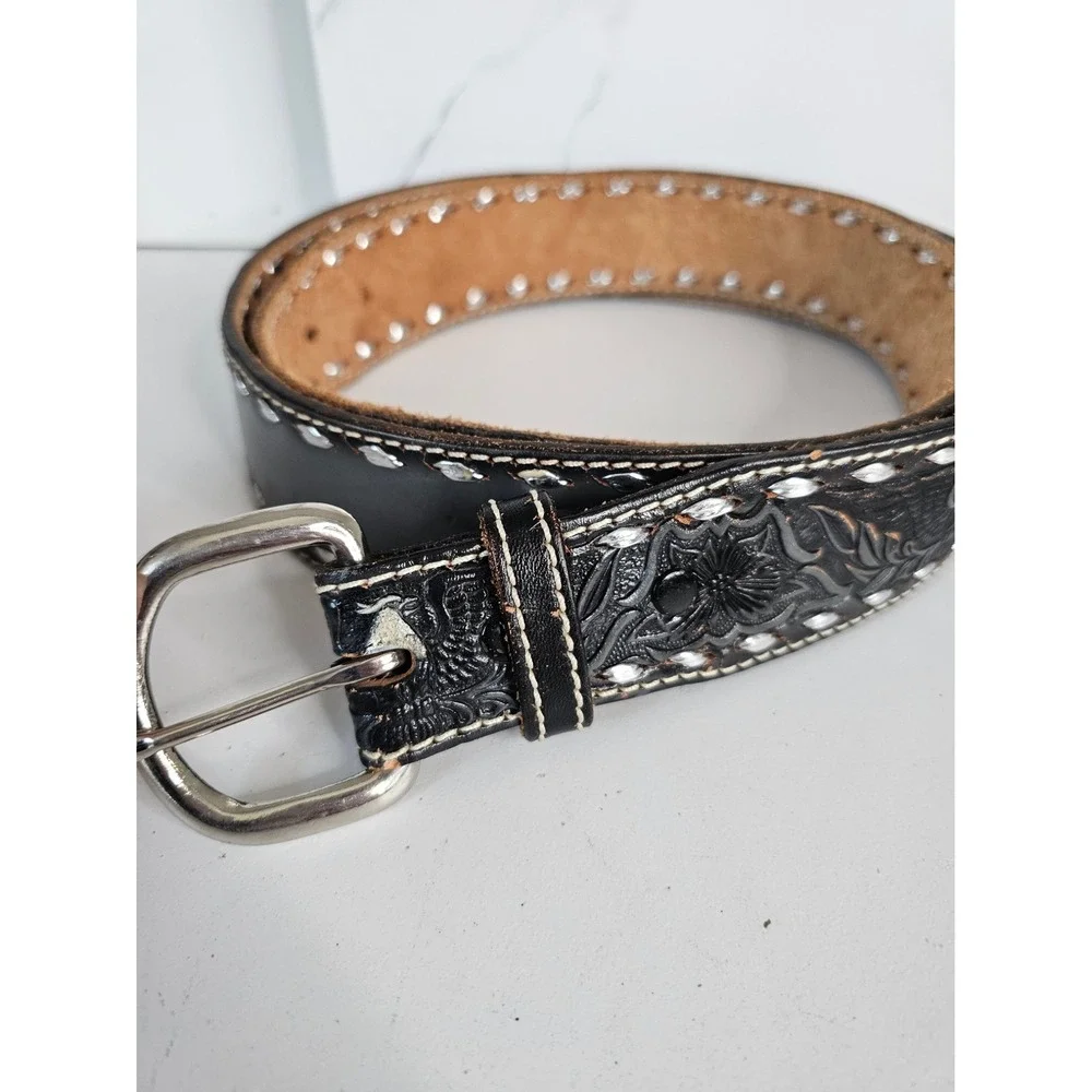 Vintage Black Tooled Leather Western Belt Eagle Floral Silver Laced USA Made 44